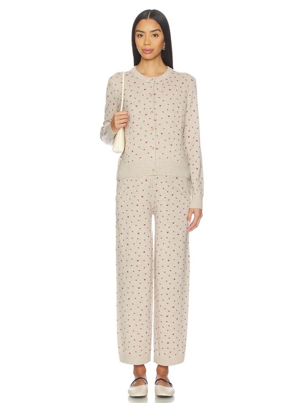 Hatch The Nora Floral Knit Cardigan & Pant Set in Oat Melange